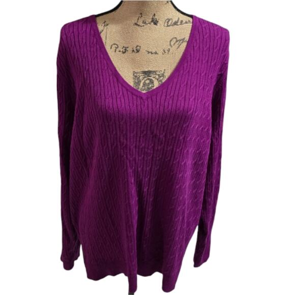 Talbots 100% Pima Cotton Purple‎ V-Neck Cable Knit Sweater Plus Size 3X New - Picture 1 of 6